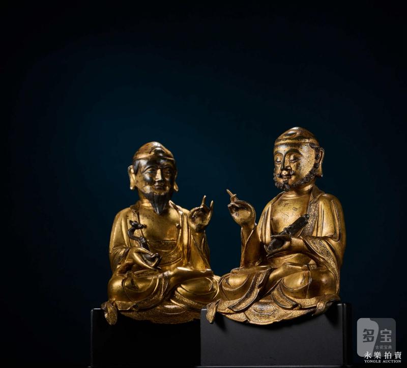 元末明初 铜鎏金男相文殊普贤菩萨坐像（一组两尊） - 图5